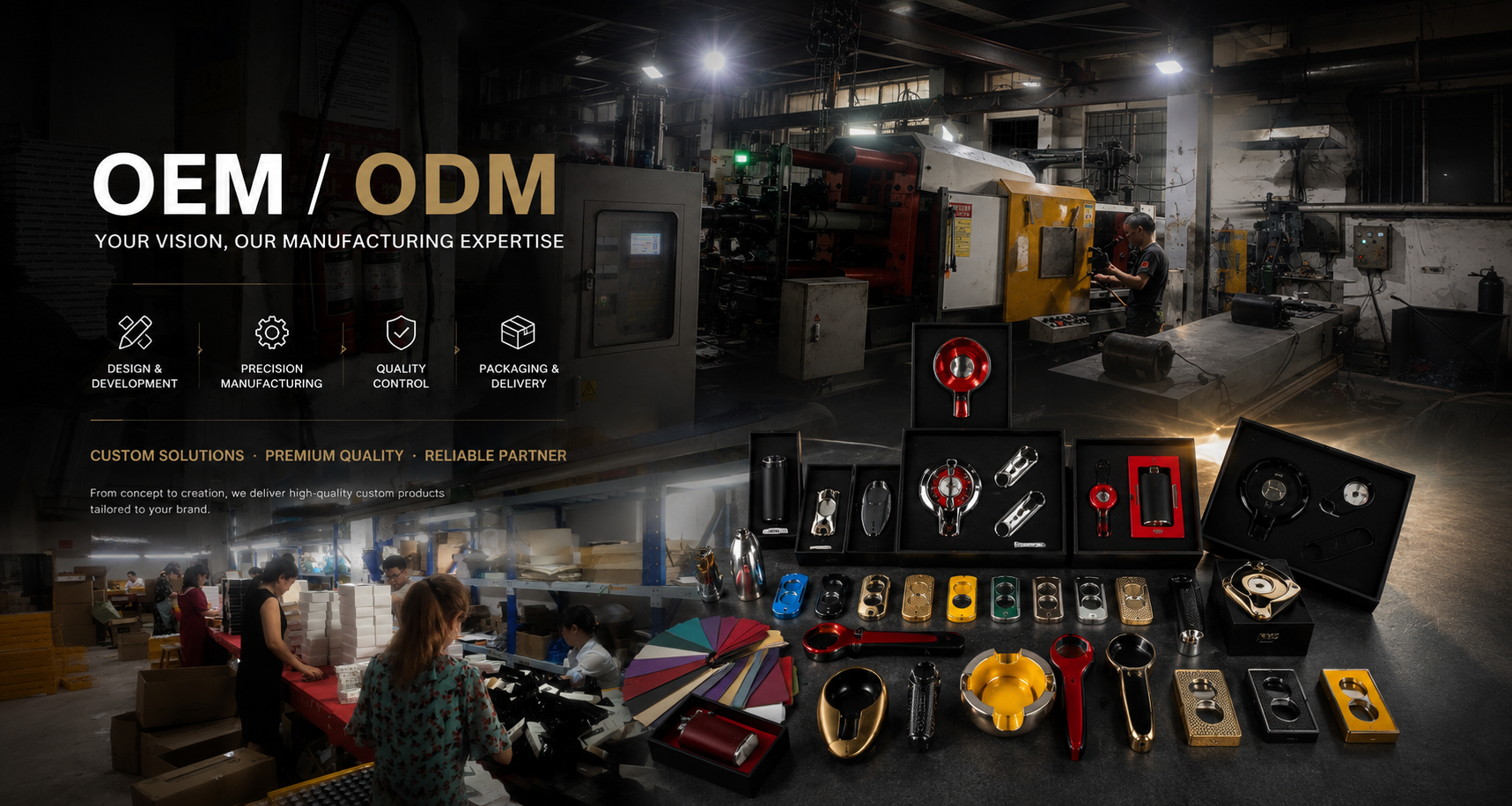 OEM & ODM manufacturing services for premium cigar accessories, featuring factory production, product development, custom branding, quality control, and luxury cigar gift sets.